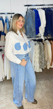Boho Chic Neckline Rhinestone & Denim Details White Top