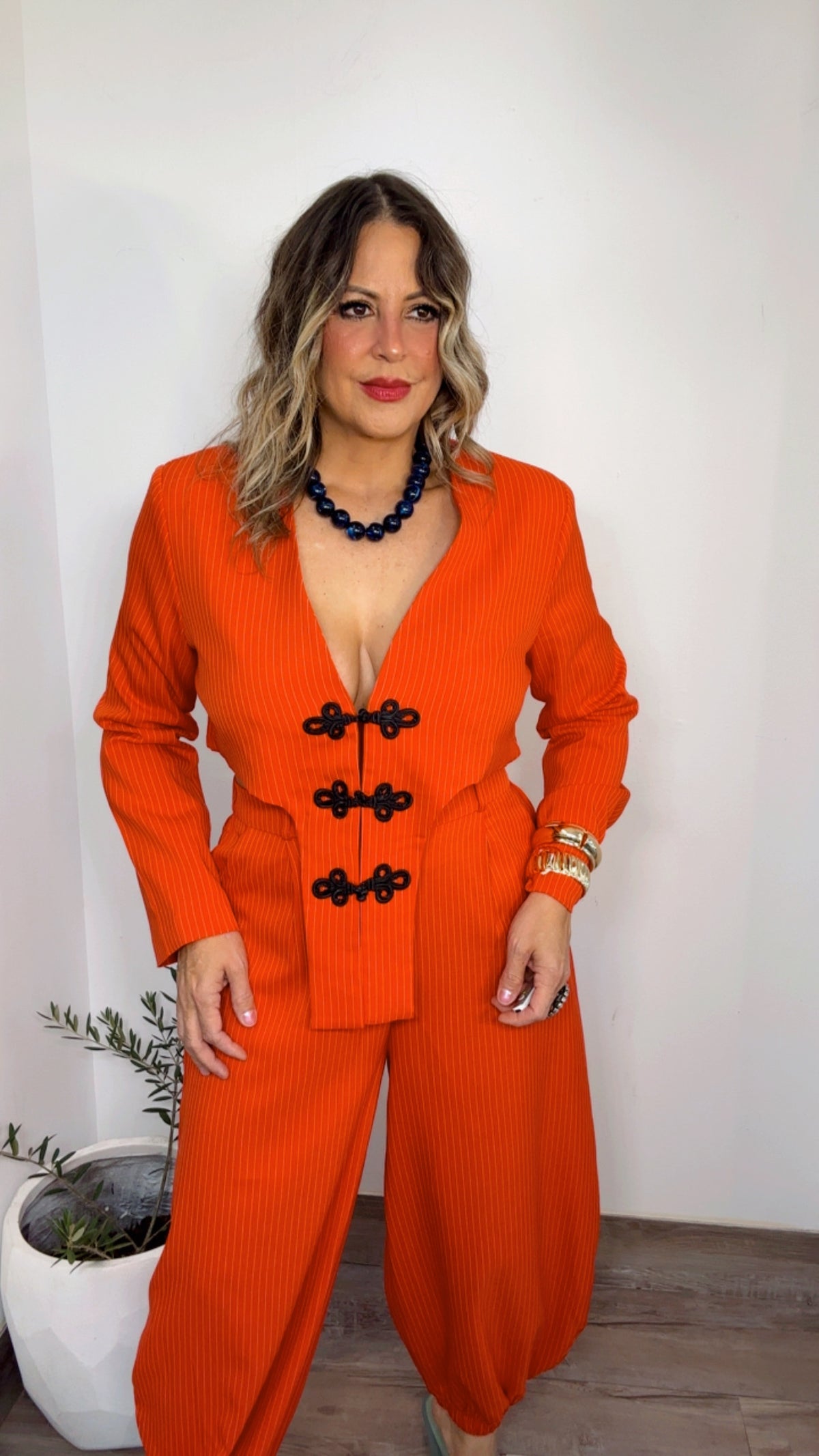 Red Orange Pinstripe Frog Closure Pant Set