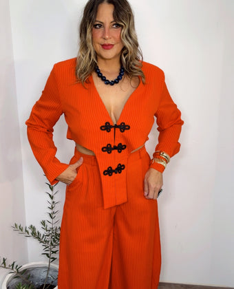 Red Orange Pinstripe Frog Closure Pant Set