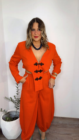 Red Orange Pinstripe Frog Closure Pant Set