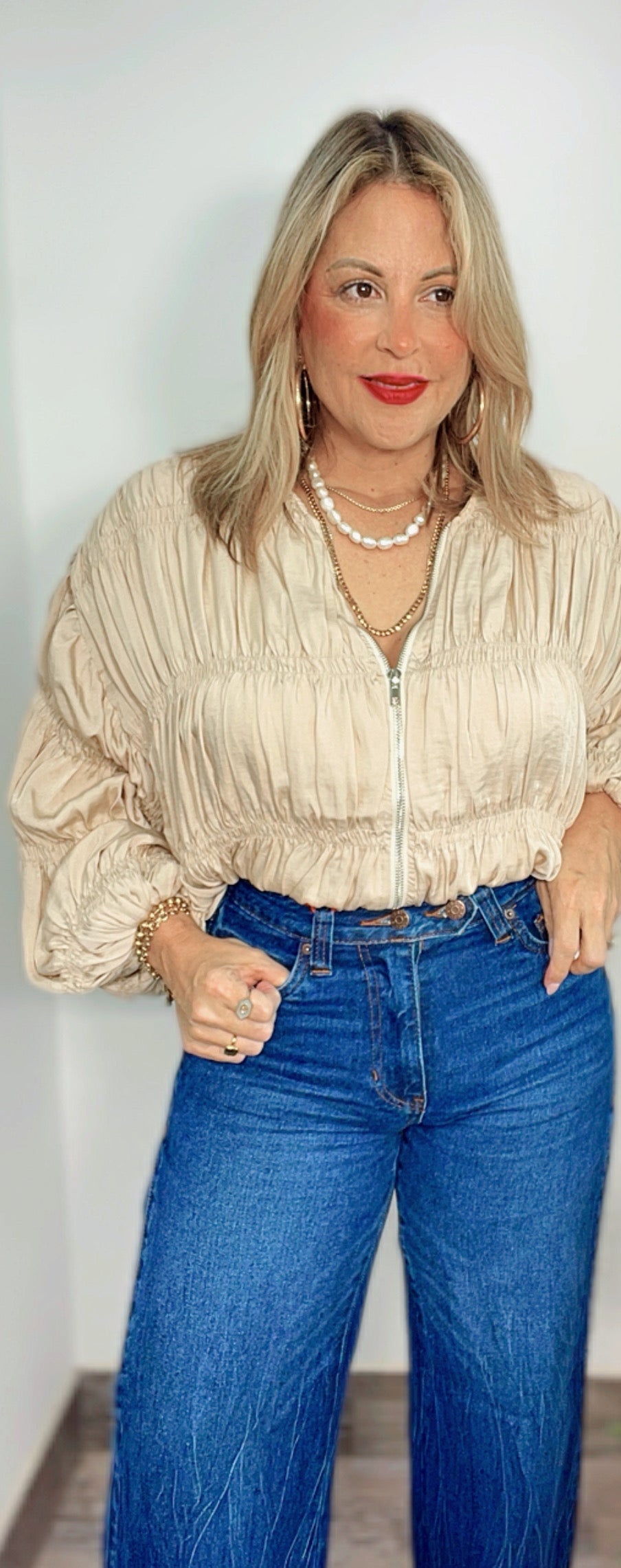 Champagne Ruched Satin Bomber Jacket