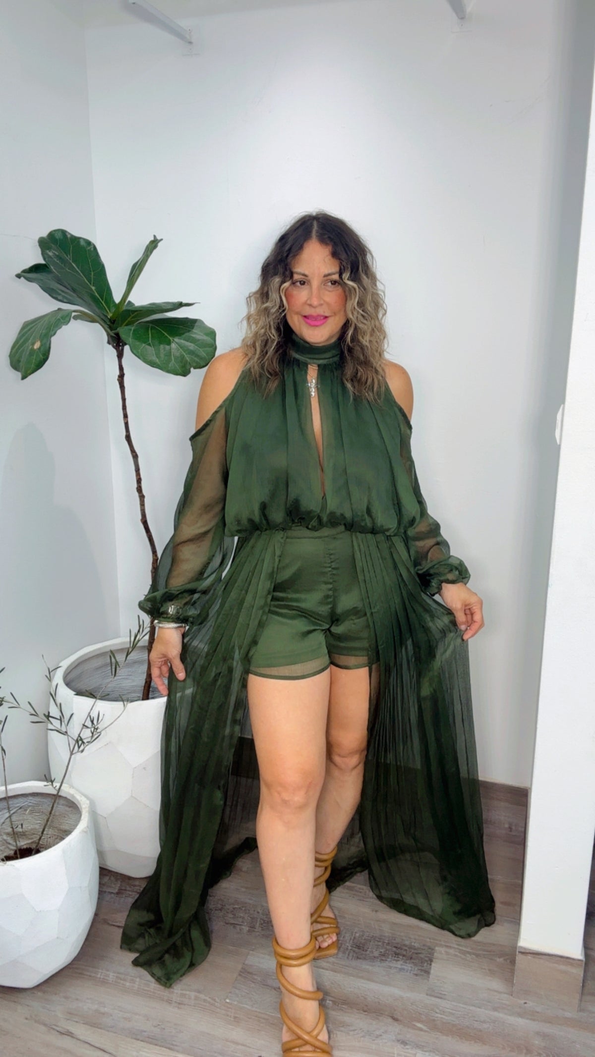 Pine Chiffon Maxi Overlay Short Set