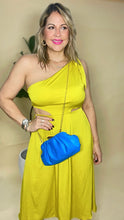 BRIGHT CHARTREUSE CUT OUT SATIN ONE SHOULDER MIDI DRESS