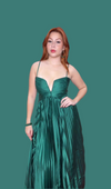 V Pleated Green Maxi Dress