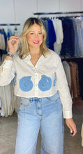 Boho Chic Neckline Rhinestone & Denim Details White Top