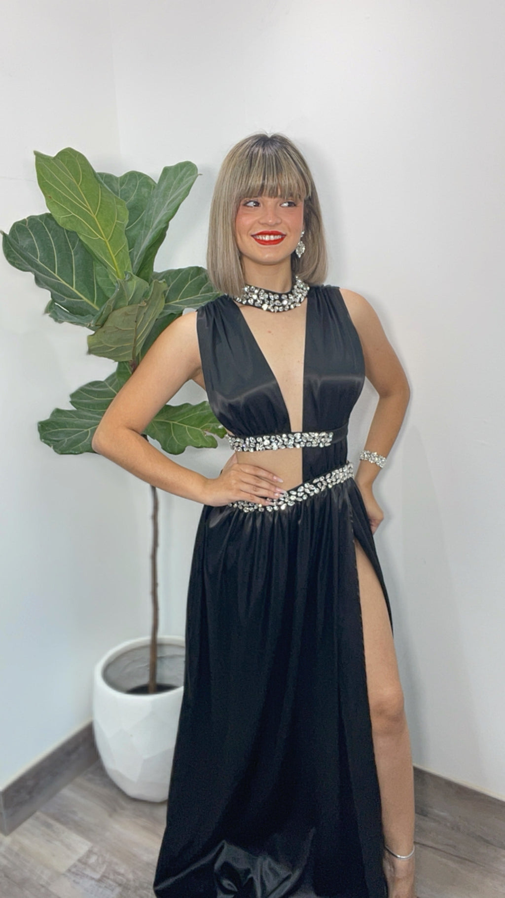 Black Cut Out Satin Maxi-Dress