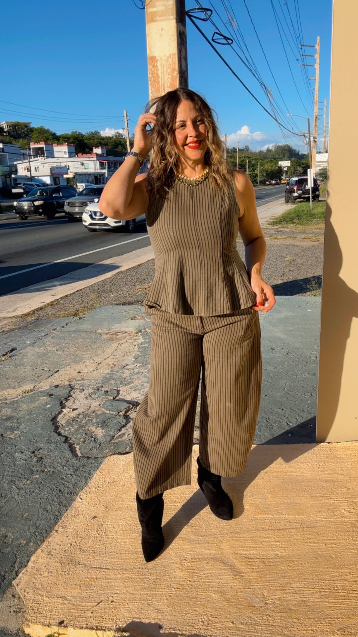 Olive Peplum Stripe Set