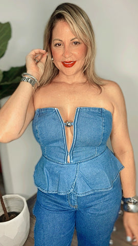 Denim Silver Sphere V Peplum Top