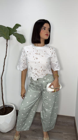 Polka Dots Barrel Jeans (Sage Green)