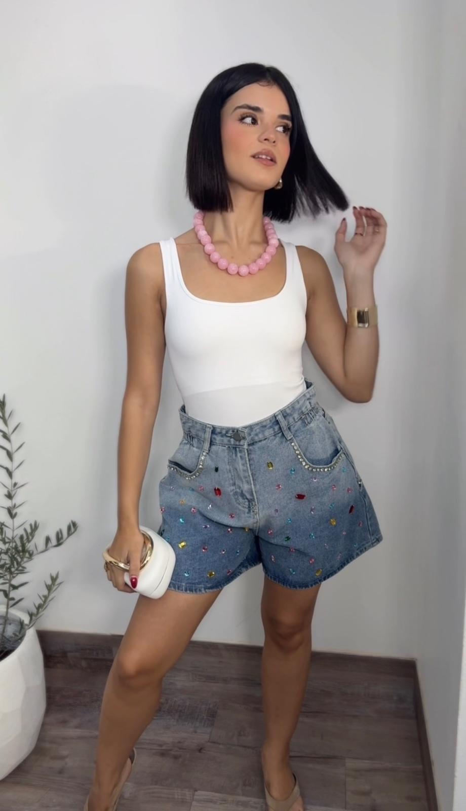 High-Waist Rhinestone Denim Shorts – Multicolor