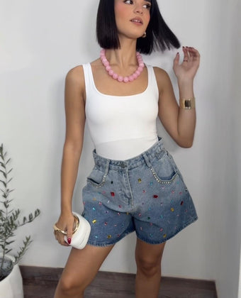 High-Waist Rhinestone Denim Shorts – Multicolor