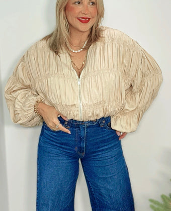 Champagne Ruched Satin Bomber Jacket