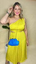 BRIGHT CHARTREUSE CUT OUT SATIN ONE SHOULDER MIDI DRESS