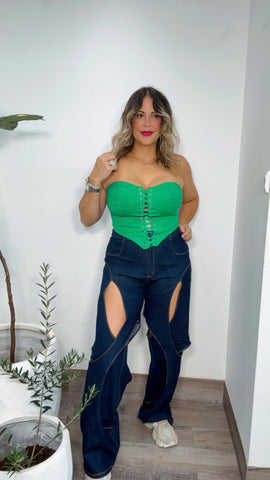 Green Denim Corset Top