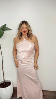 Baby Pink Satin Maxi Dress