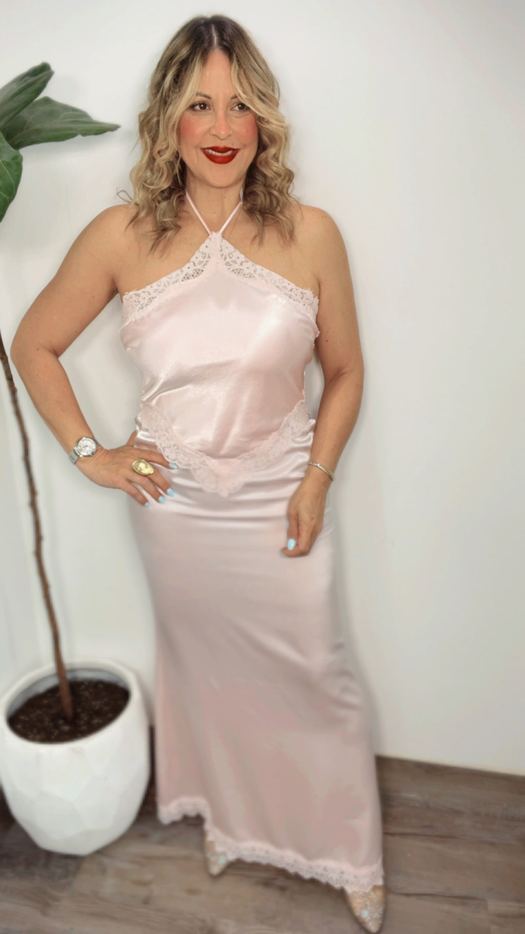 Baby Pink Satin Maxi Dress