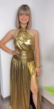 Halter Gold Pleated Maxi-dress