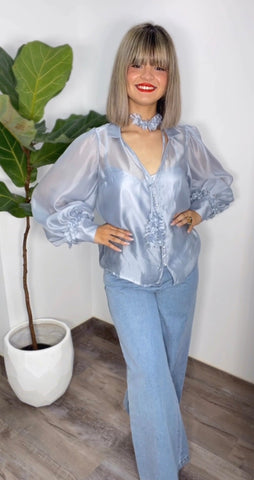 Dusty Blue Floral Blouse