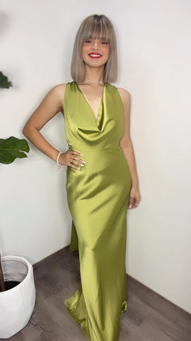 Pistachio Cowl Neck Satin Maxi-dress