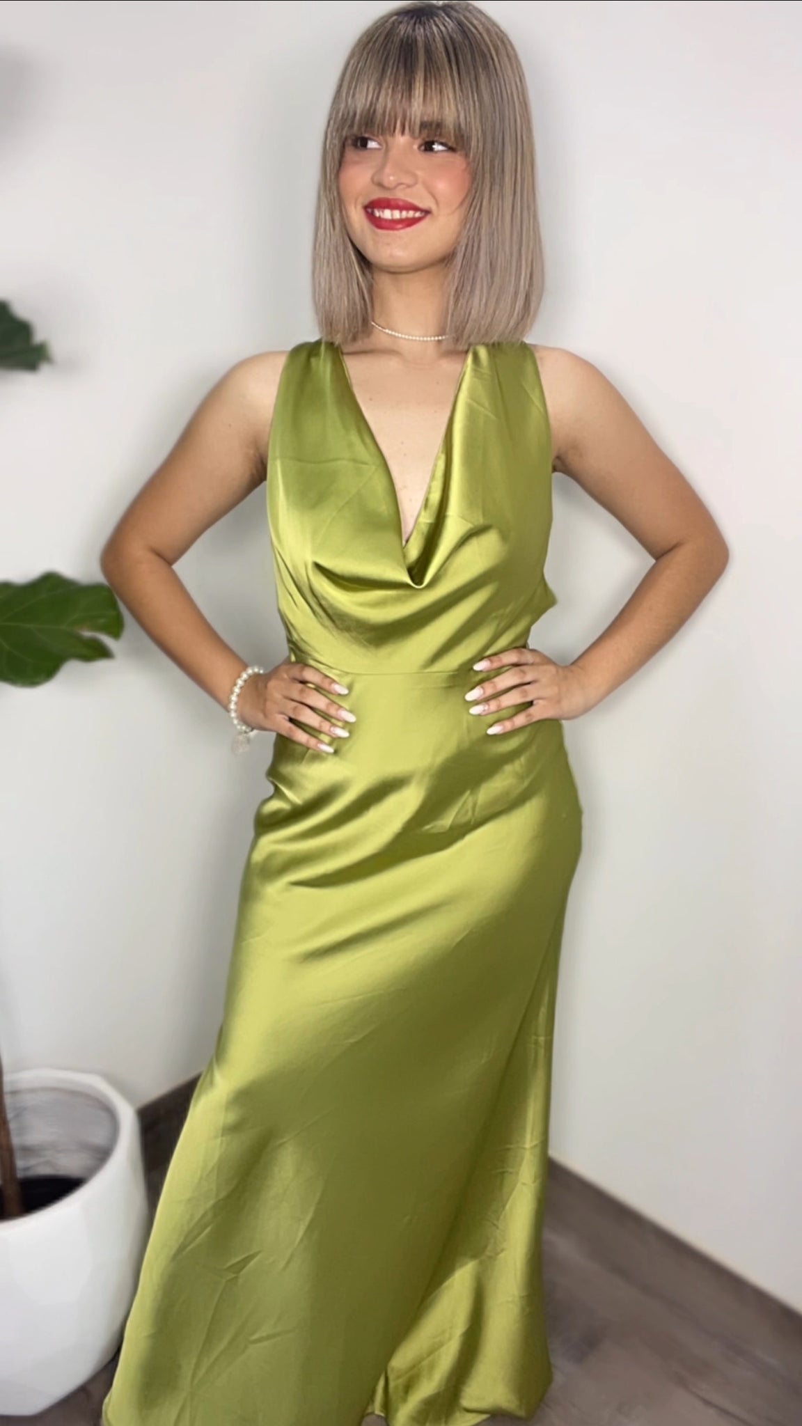 Pistachio Cowl Neck Satin Maxi-dress