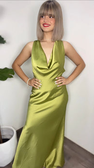 Pistachio Cowl Neck Satin Maxi-dress