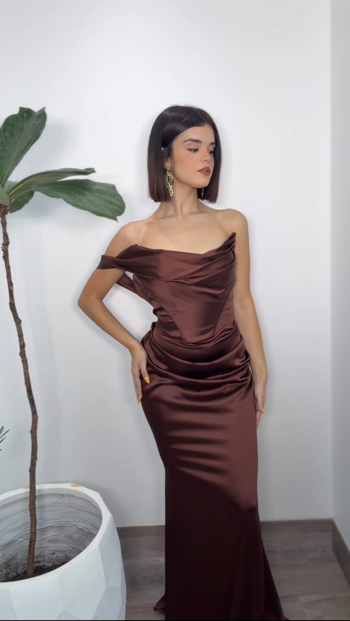Brown Satin Elegant Dress