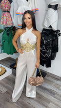 Amanda White and Gold Satin Jumpsuit