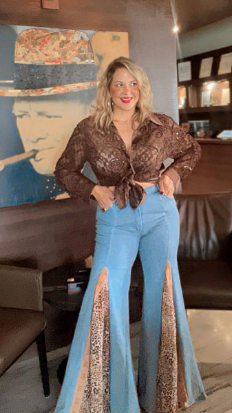 Leopard Lace Flare Jeans