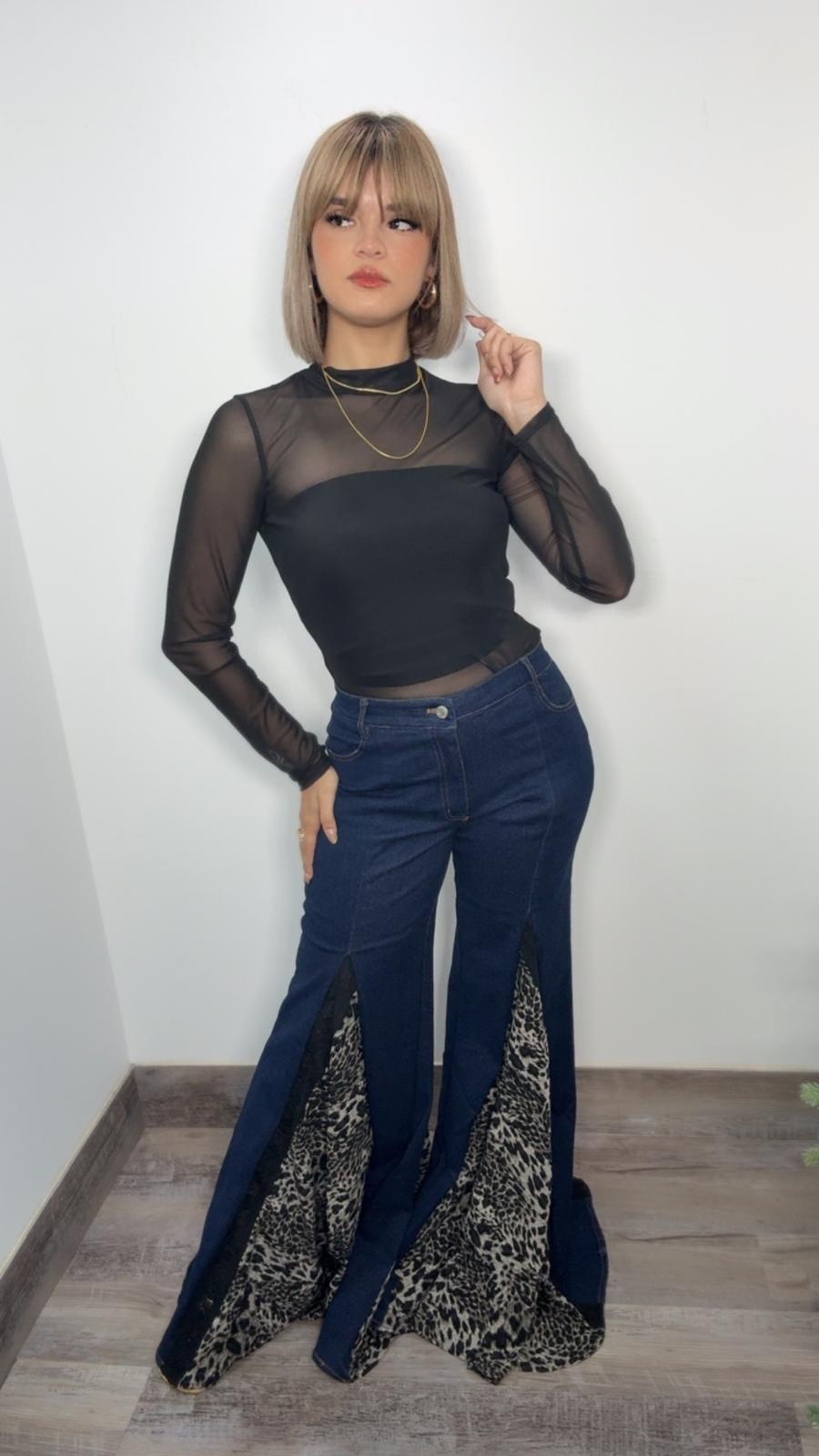 Leopard Deep Denim Flare Jeans