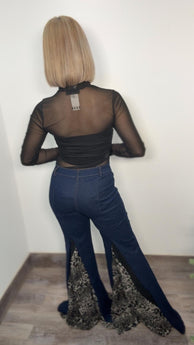 Leopard Deep Denim Flare Jeans