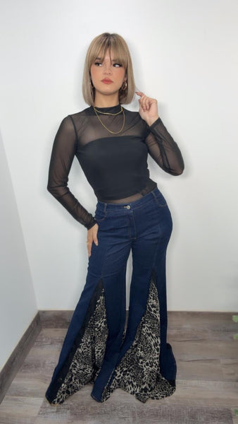Leopard Deep Denim Flare Jeans