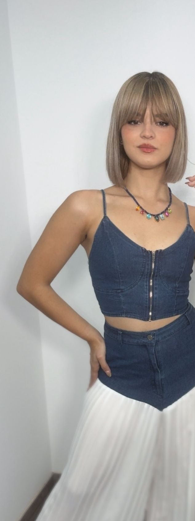 "Denim In White" Top & Plissé Pants Set