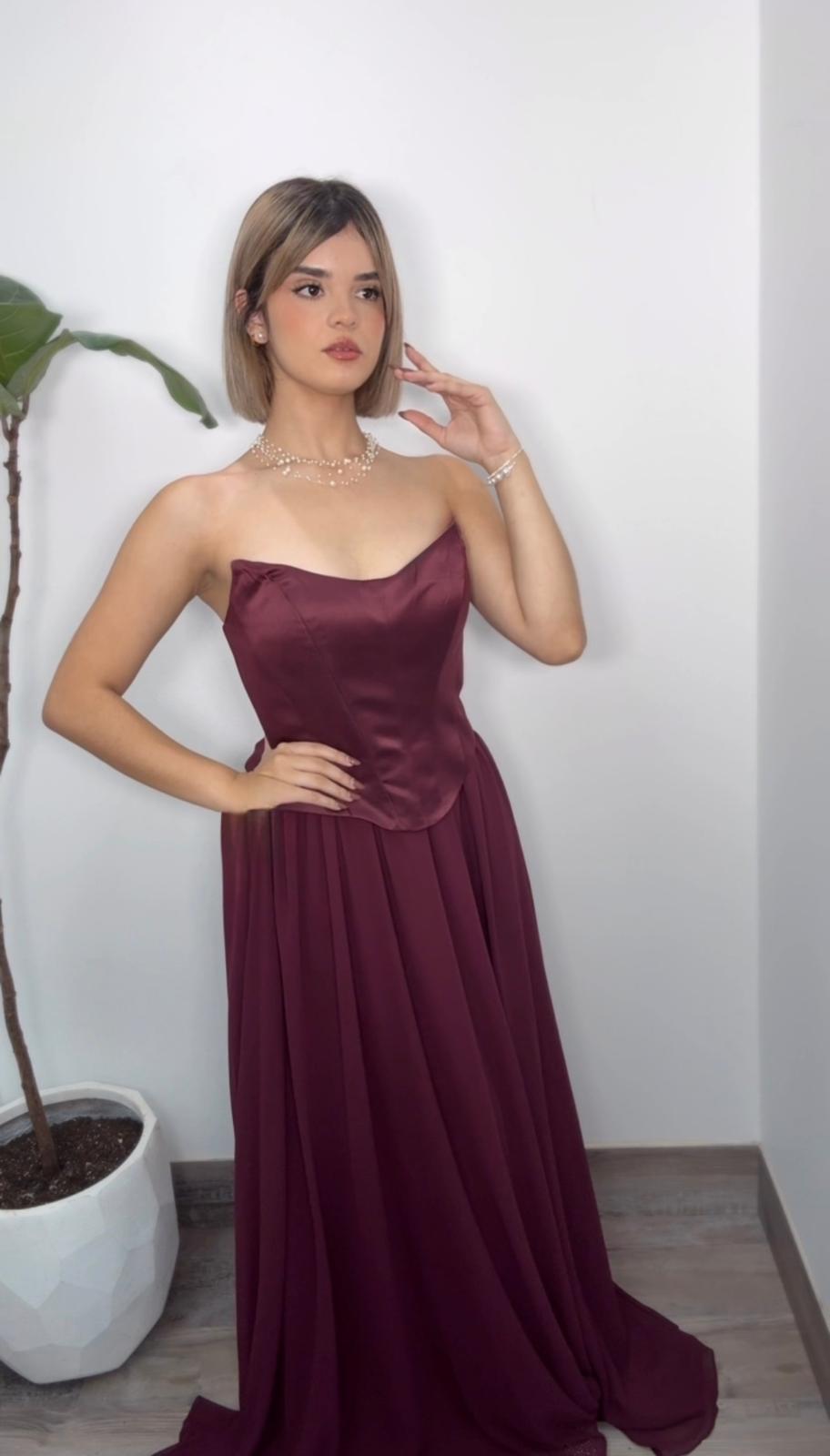 Gown Corset Chiffon Formal Dress (Burgundy)
