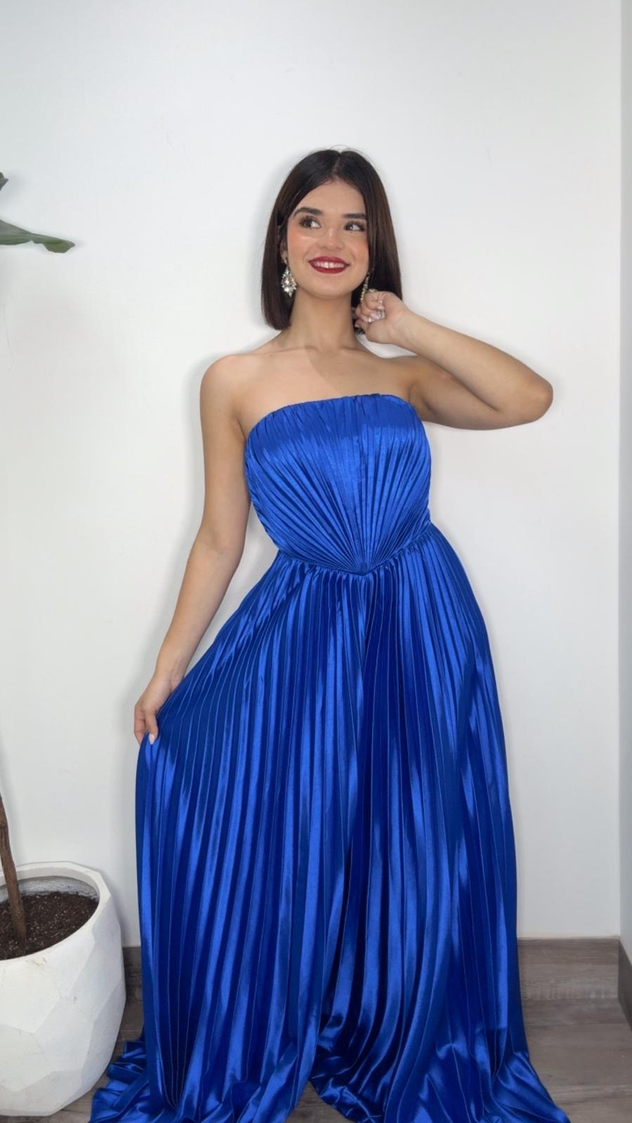Daila Corset Plissé Satin Dress (Royal)