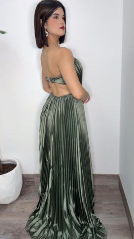 Daila Corset Plissé Satin Dress (Olive)