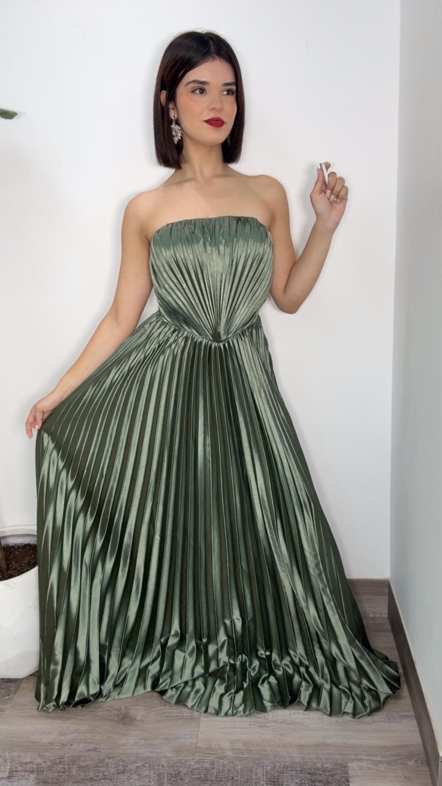 Daila Corset Plissé Satin Dress (Olive)