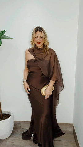 Diana Chocolate Satin Dress (Two Pieces)
