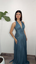 Storm Blue Plissé Halter Formal Dress
