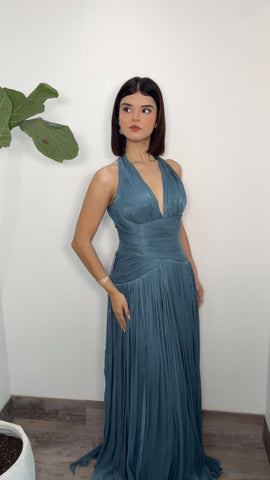 Storm Blue Plissé Halter Formal Dress