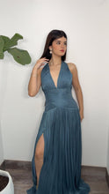Storm Blue Plissé Halter Formal Dress