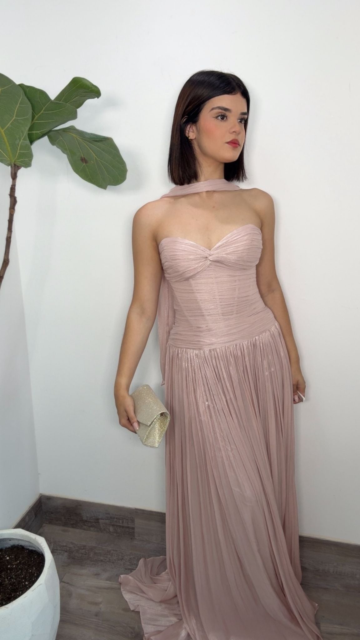 Strapless Dusty Pink Plissé Formal Dress
